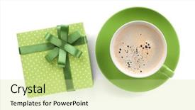  Presentation with green coffee - PPT theme having green coffee cup and gift background and a soft green colored foreground