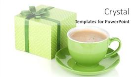  Presentation with green coffee - Audience pleasing PPT layouts consisting of green coffee cup and gift box with bow isolated on white background backdrop and a white colored foreground