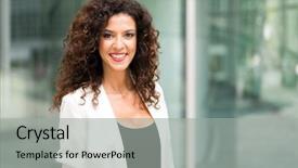  Presentation with young business woman smile show - Beautiful theme featuring green company - smiling business woman portrait backdrop and a light gray colored foreground