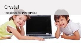  Presentation with laptop - PPT theme featuring green computer school - chidren activities on laptop isolated background and a white colored foreground