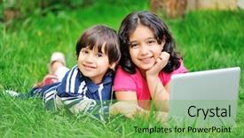  Presentation with nature - Presentation design with green computer school - children in nature with laptop background and a  colored foreground