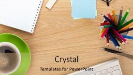  Presentation with green office - Presentation design featuring green computer school - office table with coffee cup background and a coral colored foreground