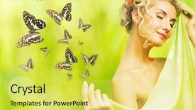  Presentation with butterfly - PPT layouts featuring green concept - beautiful young woman and flying background and a yellow colored foreground