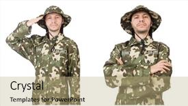  Presentation with funny retirement - Presentation having green conflict - funny soldier isolated on white background and a coral colored foreground