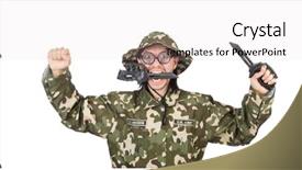  Presentation with blank whiteboard isolated on white - Presentation theme consisting of green conflict - funny soldier isolated on white background and a soft green colored foreground