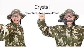  Presentation with blank whiteboard isolated on white - Cool new presentation design with green conflict - funny soldier isolated on white backdrop and a light gray colored foreground