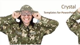  Presentation with scroll paper isolated on white - Presentation theme consisting of green conflict - funny soldier isolated on white background and a  colored foreground