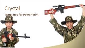  Presentation with sniper - Cool new PPT theme with green conflict - woman with sniper weapong isolated backdrop and a cream colored foreground