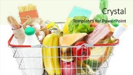  Presentation with shopping - Theme having green consumer - metal shopping basket with groceries background and a blonde colored foreground