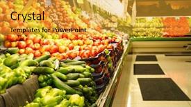  Presentation with grocery store - Theme featuring green consumer - shot of fruit and vegetables background and a yellow colored foreground