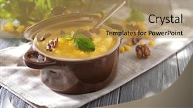  Presentation with napkin - Theme enhanced with green corn - delicious cornmeal porridge with walnuts background and a yellow colored foreground
