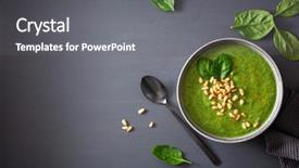  Presentation with green gram - Audience pleasing PPT layouts consisting of green creamy cauliflower spinach soup backdrop and a gray colored foreground