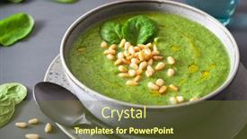  Presentation with cauliflower - Cool new theme with green creamy cauliflower spinach soup on gray background backdrop and a tawny brown colored foreground