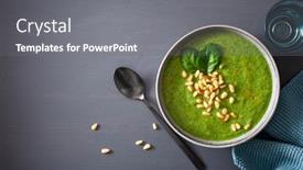  Presentation with cauliflower - Amazing PPT theme having green-creamy-cauliflower-spinach-soup backdrop and a gray colored foreground