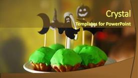  Presentation with cupcakes - Amazing PPT layouts having green cupcakes decorated for halloween backdrop and a tawny brown colored foreground