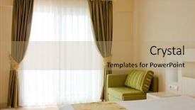  Presentation with green hotel - Audience pleasing PPT layouts consisting of green curtain - bedroom interior of the hotel backdrop and a coral colored foreground