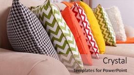  Presentation with green curtain - PPT theme enhanced with green curtain - sofa with colorful pillows background and a coral colored foreground