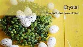  Presentation with green leaves coriander lay - Amazing PPT theme having green decorative easter quail eggs backdrop and a yellow colored foreground