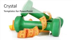  Presentation with tape measure - PPT theme with green dumbbells and tape measure on the white background background and a white colored foreground