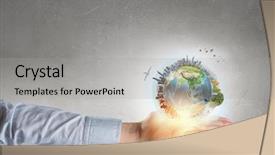  Presentation with green planet - PPT theme having green earth planet in palm background and a light gray colored foreground