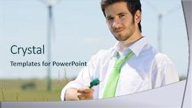  Presentation with green plug - Audience pleasing slides consisting of green energy - young businessman hold backdrop and a sky blue colored foreground