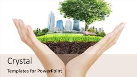  Presentation with hand holding earth - Beautiful presentation featuring green energy earth - human hand holding the city backdrop and a coral colored foreground