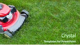  Presentation with green lawn - Presentation design with green engine - lawn mover on grass background and a tawny brown colored foreground