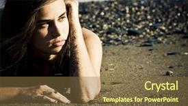  Presentation with green beauty - PPT theme with green eyed beauty laying over the sand background and a tawny brown colored foreground