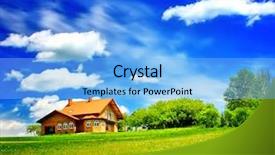  Presentation with green blur floral - Beautiful PPT theme featuring green field on blue sky backdrop and a light blue colored foreground