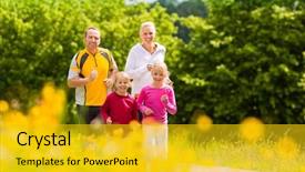  Presentation with kids sport - Theme having green fitness - family jogging for sport outdoors background and a gold colored foreground