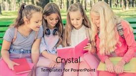  Presentation with child girl reading a book - PPT theme with green folder - little smiling girls reading pink background and a coral colored foreground