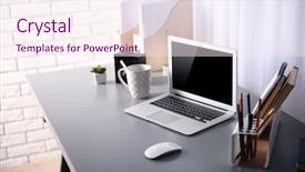  Presentation with workplace - Beautiful PPT theme featuring green folder - workplace with laptop table backdrop and a sky blue colored foreground