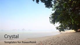  Presentation with calm sea - Beautiful presentation theme featuring green foot print - calm sea and sandy tropical backdrop and a mint green colored foreground