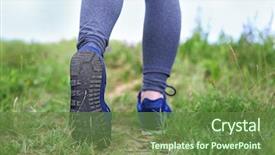  Presentation with walking trail - Audience pleasing PPT theme consisting of green footprint - female hiker walking backdrop and a tawny brown colored foreground
