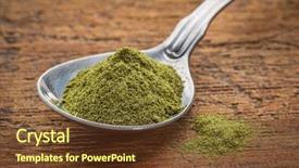  Presentation with supplement - Cool new presentation theme with green freeze-dried organic wheat grass powder nutritional supplement on a tablespoon against rustic wood backdrop and a tawny brown colored foreground
