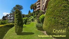  Presentation with apartment buildings - Audience pleasing slides consisting of green garden of luxury apartment buildings outdoors backdrop and a tawny brown colored foreground