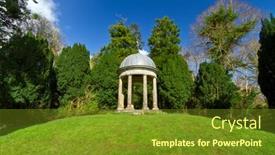  Presentation with ancient greek of stone - Amazing slide set having green-garden-with-stone-pavilion backdrop and a tawny brown colored foreground