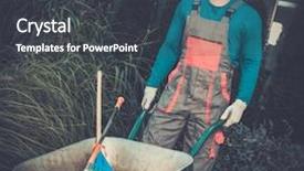  Presentation with garden tools - Audience pleasing PPT theme consisting of green gardens - gardener with tools in garden backdrop and a  colored foreground