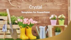  Presentation with tools - PPT layouts enhanced with green gardens - gardening tools on the grass background and a coral colored foreground