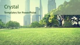  Presentation with financial center - Presentation design with green gardens - park in lujiazui financial center background and a soft green colored foreground