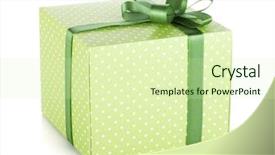  Presentation with ribbon green - Presentation theme with green gift box with ribbon and bow isolated on white background background and a soft green colored foreground