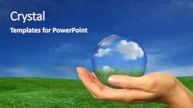  Presentation with hand holding earth - Presentation having green glass globe - woman holding a perfect version background and a ocean colored foreground