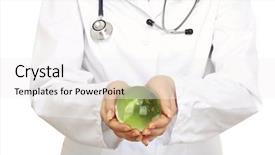  Presentation with glass - Presentation design consisting of green globes - male hand holding glass sphere background and a white colored foreground