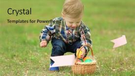 Presentation with child boy hold basket - Slides enhanced with green grass easter egg hunt background and a yellow colored foreground