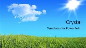  Presentation with green hills - Colorful slide deck enhanced with green grass hills under midday sun in blue sky backdrop and a light blue colored foreground