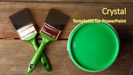  Presentation with green homes - Colorful presentation theme enhanced with green homes - paint can and paint brushes backdrop and a tawny brown colored foreground