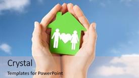  Presentation with green real estate - Beautiful PPT layouts featuring green house with family pictogram backdrop and a coral colored foreground