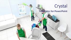  Presentation with office cleaning - Colorful theme enhanced with green household - service team cleaning modern office backdrop and a sky blue colored foreground