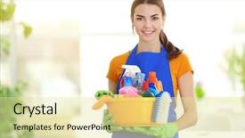  Presentation with rubber gloves - Beautiful slide deck featuring green household - woman in rubber gloves holding backdrop and a blonde colored foreground