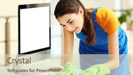  Presentation with office cleaning - Theme featuring green household - young woman cleaning workplace background and a soft green colored foreground